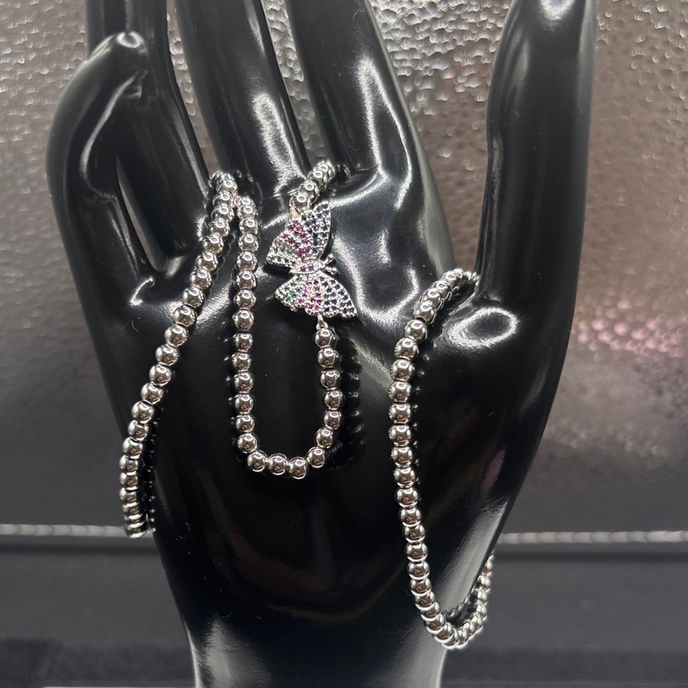 Silver Butterfly Pendant Necklace 3 Stretch Bracelet